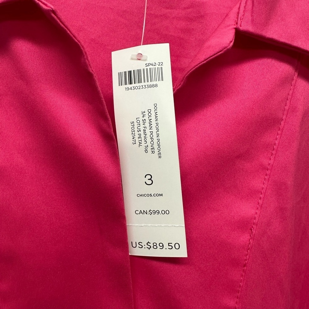 Chico's Top Shirt Blouse 3/4 Sleeve V Neck Dolman Popover Pink Poplin Women XL 3 - Picture 3 of 8